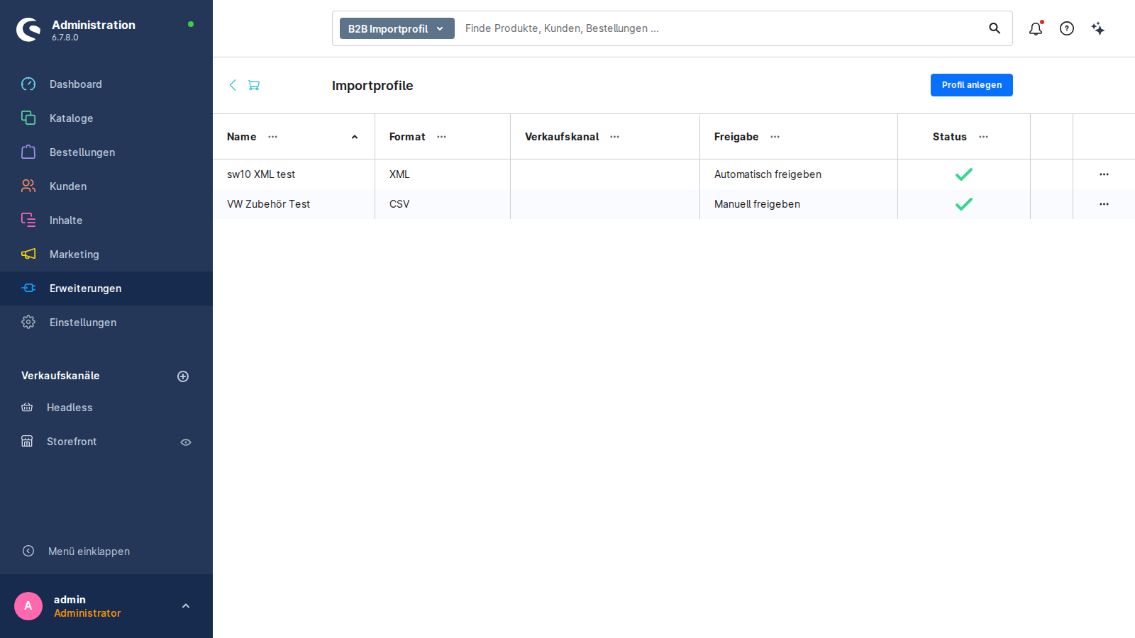 Importprofile-Liste nach Installation