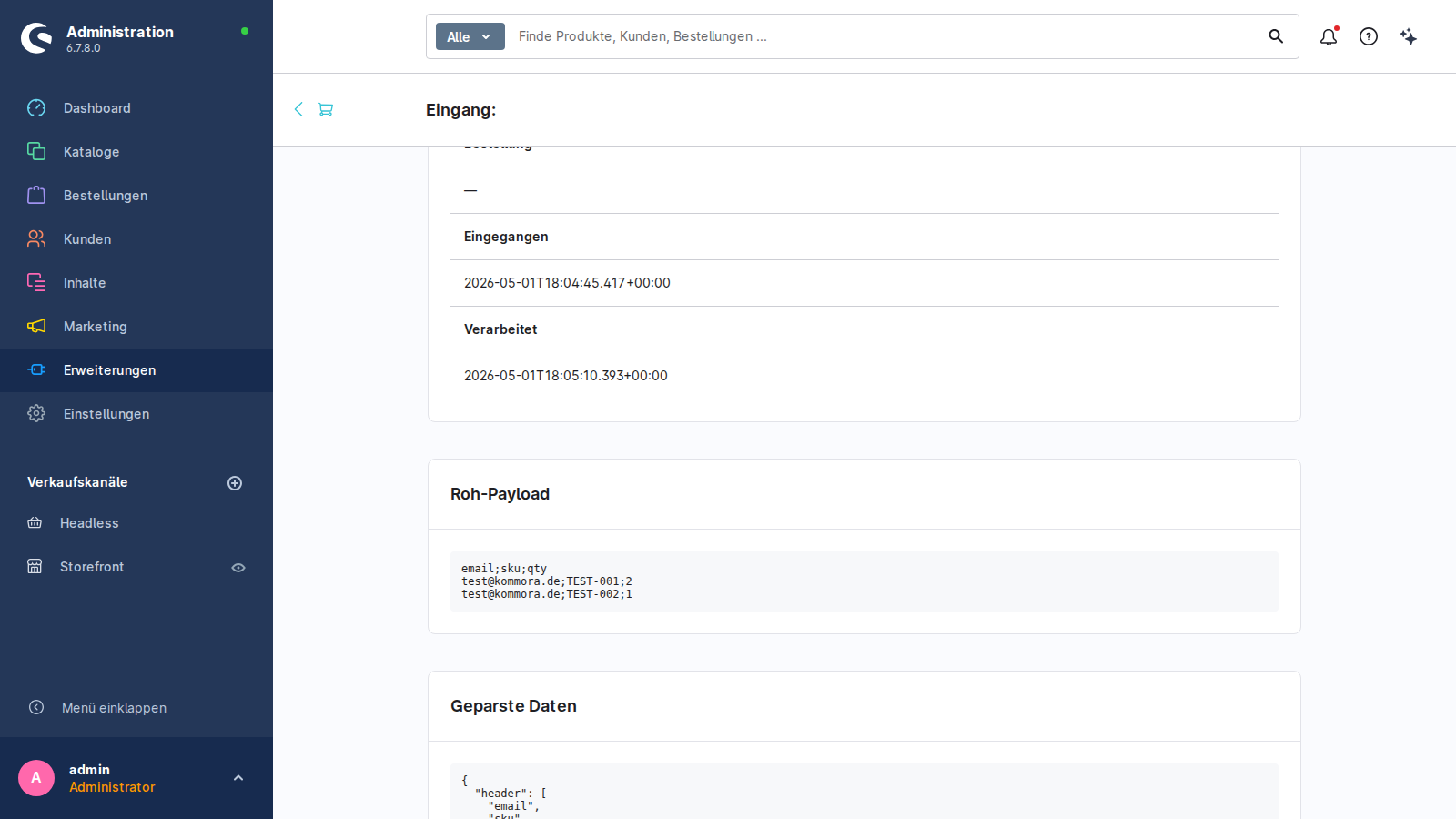 Inbound Detail — Daten-Tabs