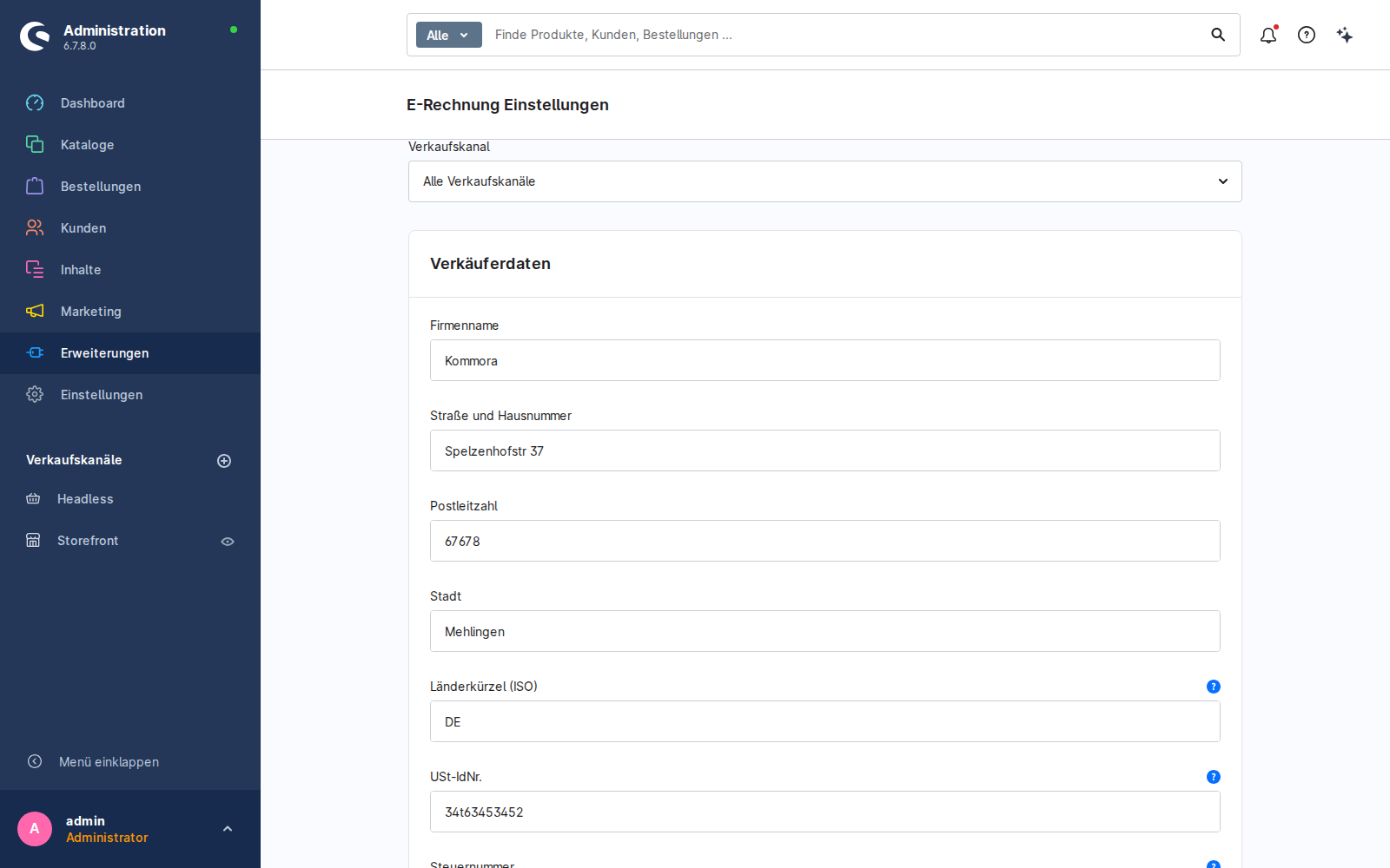 E-Invoice Einstellungen