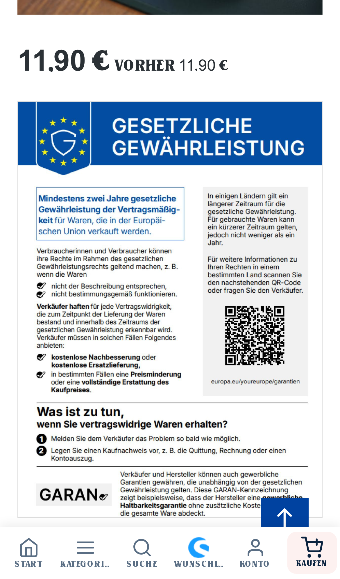 EU-Gewährleistung auf der Produktdetailseite