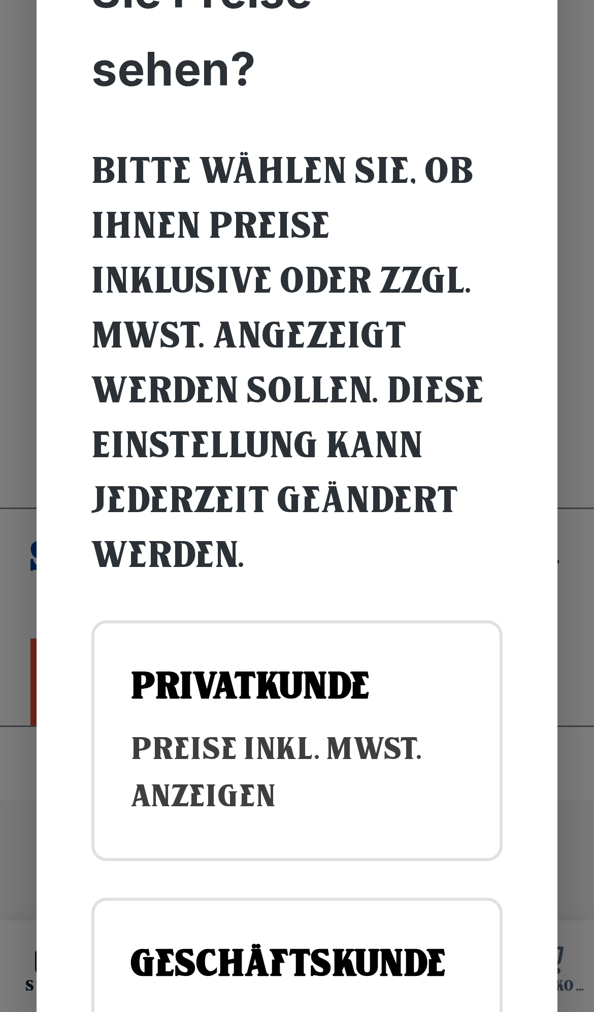 Auswahl-Modal beim ersten Besuch der Storefront