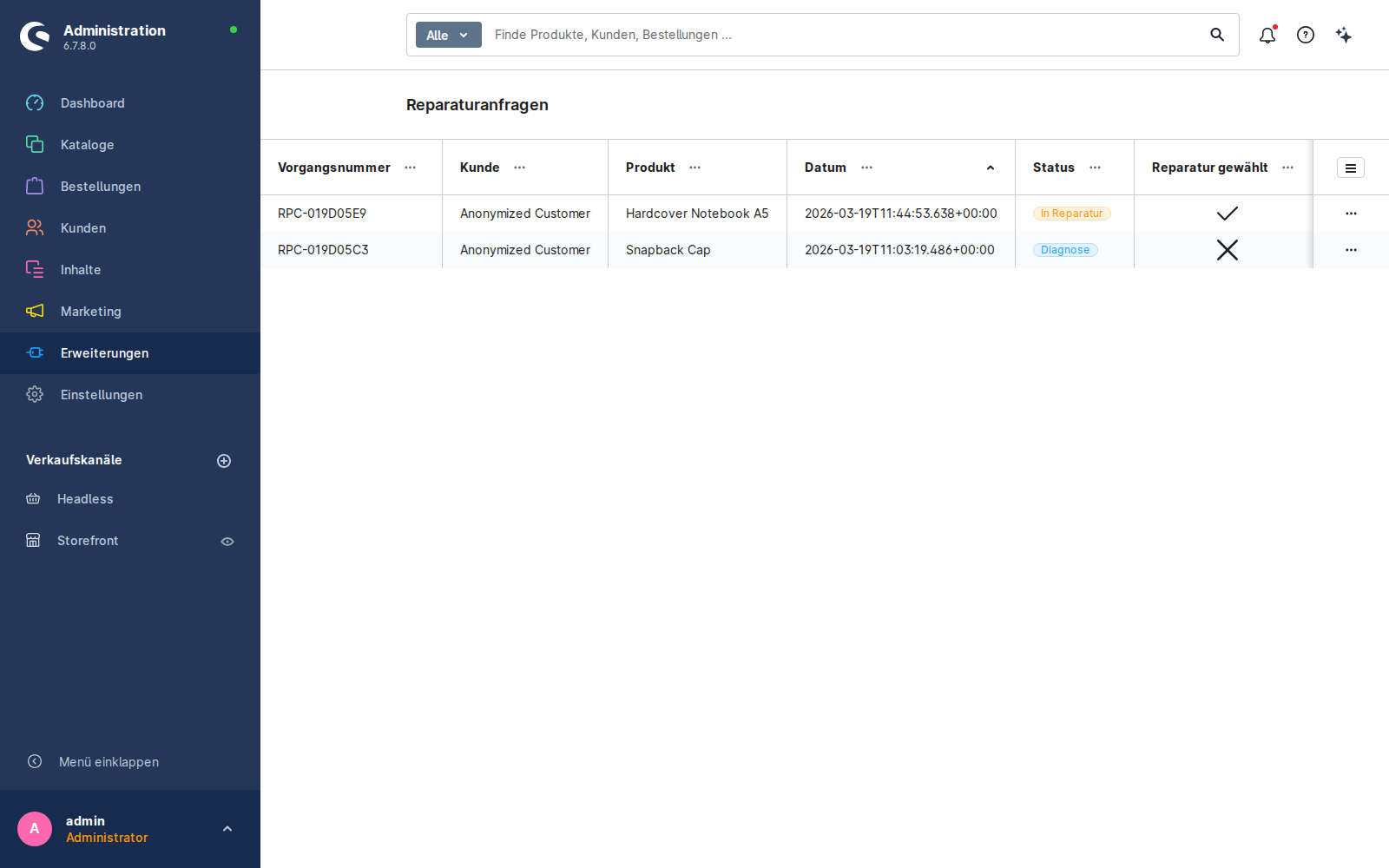 Reparatur-Vorgaenge im Admin