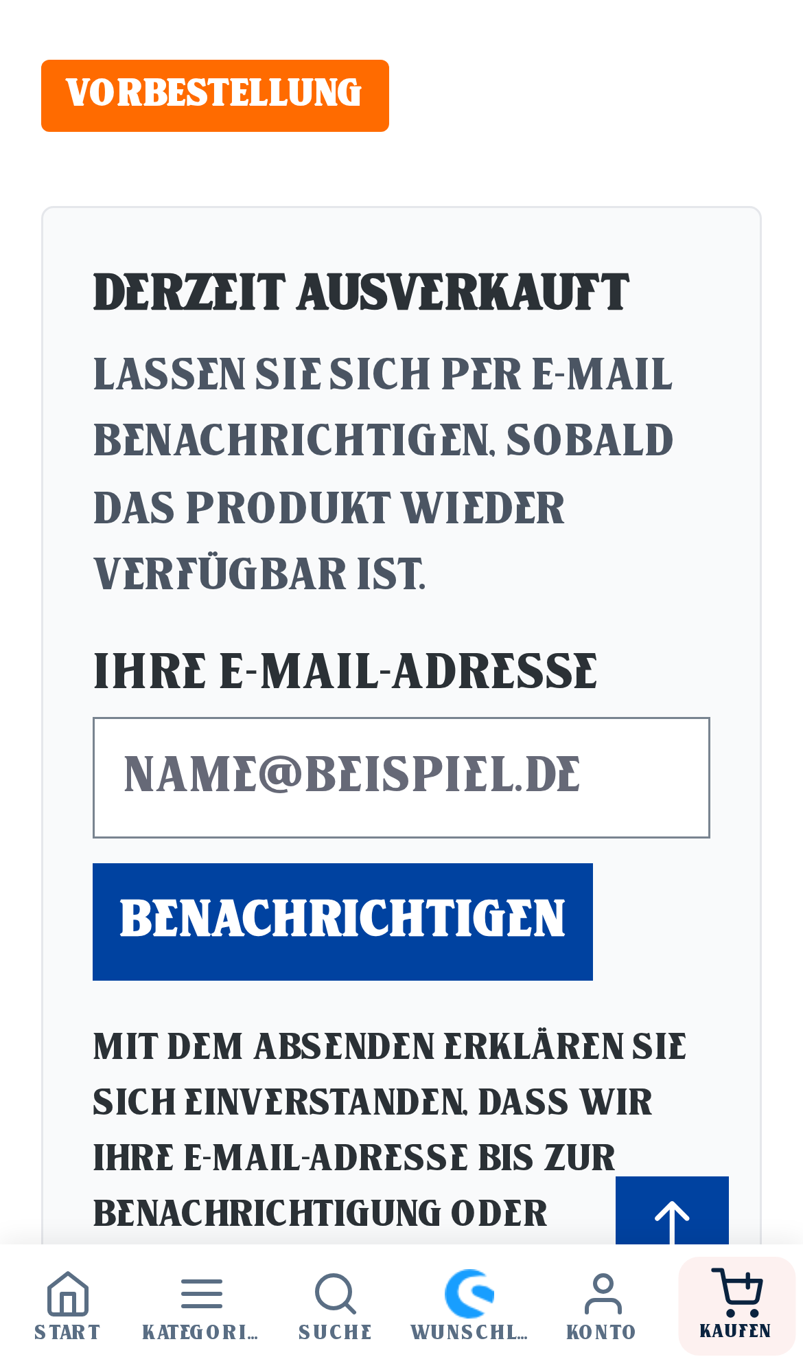 Stock-Alert-Formular auf der Produktdetailseite